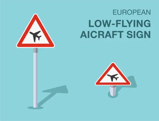 Vector illustration of Traffic regulation rules. Isolated european low-flying aircraft sign. Front and top view.