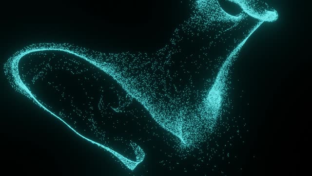 abstract 3d animation with blue particles. animation on black background animation with a dynamic, rotating, floating element, similar to fabric or a jellyfish, over a black background