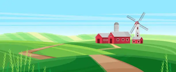 Vector illustration of Farm house with windmill in village spring summer landscape, red barn, silo tower and rural road