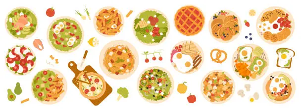 Vector illustration of Top view of table with food on plates, dishes collection for family lunch or dinner