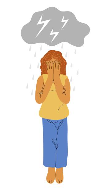 istock Young female character with cloud rain, depressed negative thinking, pessimism upset mood. Unhappy woman 1611140197
