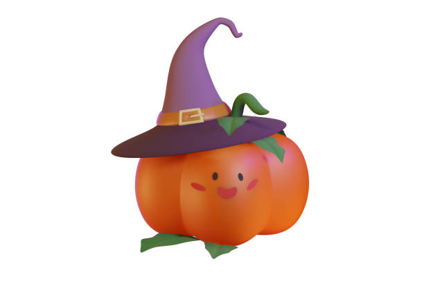 istock 3d render of cute orange pumpkin with face and witch magic hat. Halloween celebration concept. Isolated element 1611175344