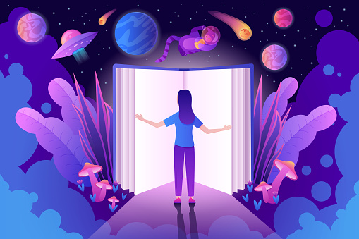 Girl reading open book vector illustration. Cartoon tiny woman standing at door to imagination, fantasy space adventure in universe with planets and stars, cat astronaut and magic flower and mushrooms