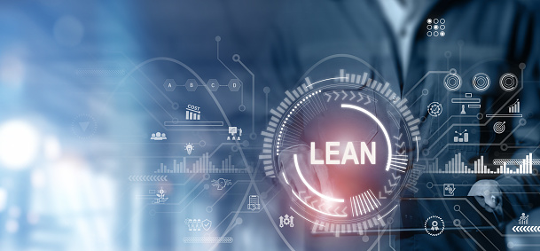 Lean manufacturing concept. Lean six sigma industrial process optimization with kaizen and DMAIC methodology. Quality and standardization. Maximizing productivity and quality.