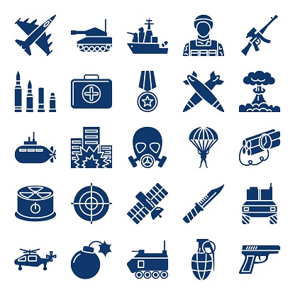 War and military glyph icon set. Army equipment and weapons symbols. Vector illustration.