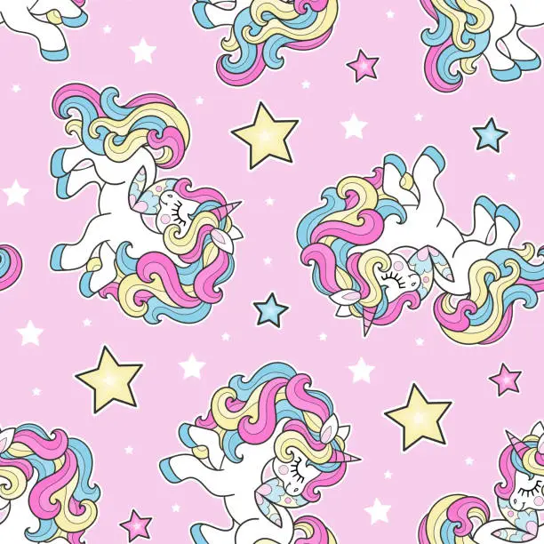 Vector illustration of Seamless pattern with unicorns on a pink background. Vector