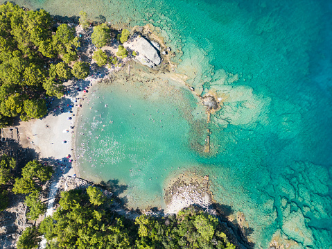 Aerial view of Phaselis Bay in Antalya, Turkiye.