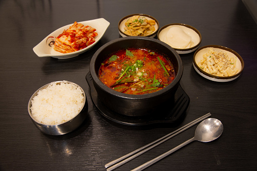 Korean Food in display for the photo shoot in Tokyo, Japan. Nowadays in 2023, people rely on the food delivery service due to the COVID-19 in 2020, which affect and change peoples lifestyle to social distancing way.