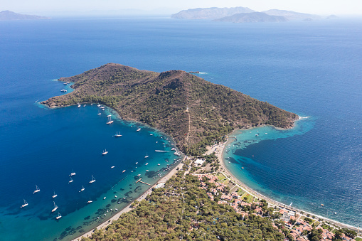 Aerial view of Ciftlik Island and Aktur Camping, between Datca and Marmaris highway, Turkey.