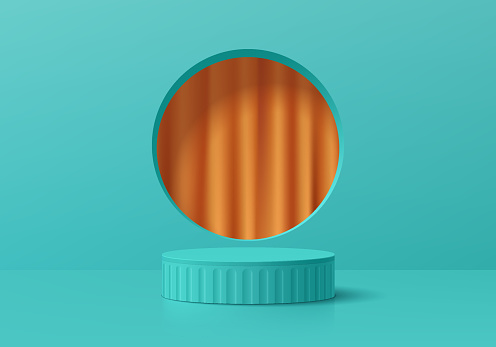 3D podium background. Green blue cylinder pedestal and orange curtain in round window wall scene. Abstract composition in minimal design. Platforms mockup product display presentation. Stage showcase.