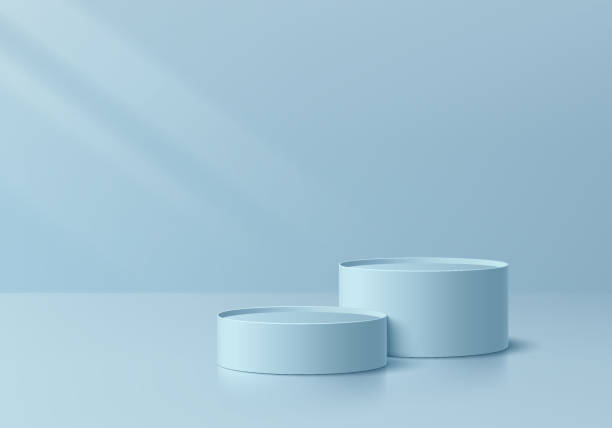 istock 3D podium background. Realistic level blue cylinder pedestal set with light and shadow wall scene. Abstract composition in minimal design. Platforms mockup product display presentation. Stage showcase 1611410437
