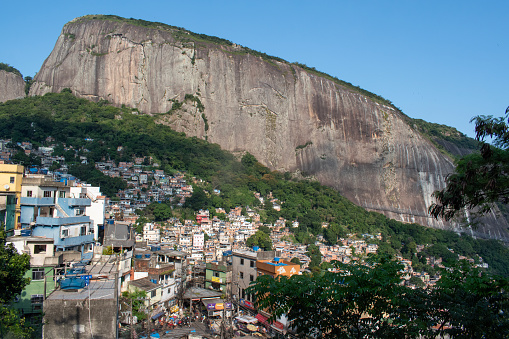 Brazil: the mountains and skyline of Rocinha, the famous favela in the southern area of ​​Rio de Janeiro, the largest slum in the country between Gavea, Sao Conrado and Vidigal districts