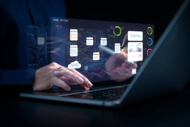 istock analytics chart, business analysis chart KPI showing icon on virtual screen monitor laptop by hologram virtual screen technology. 1611504263