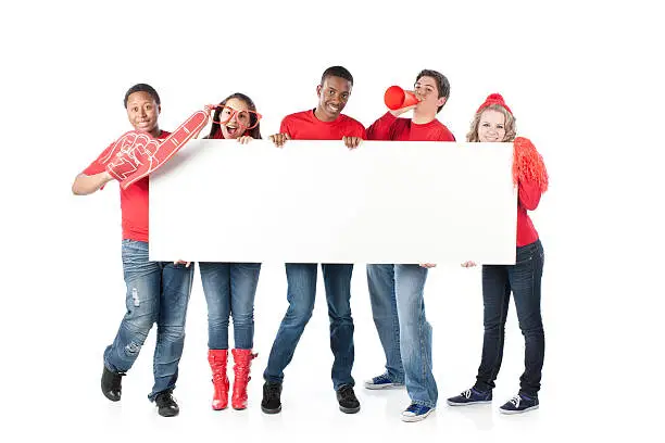 Photo of Sports Fans: Group Teenagers Team Red Holding Blank White Sign