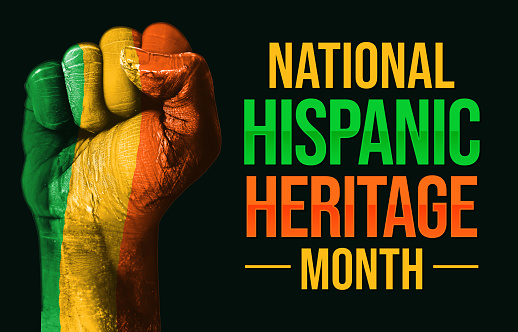 National Hispanic Heritage Month colorful wallpaper design with painted fist showing strength and typography on the side. Hispanic month background is observed every year