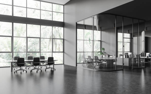 istock Grey office business room interior with table and chairs, panoramic window 1611519758