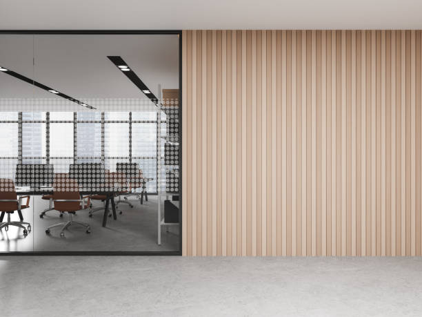 istock Wooden office hall interior with open space area and blank wall 1611520811