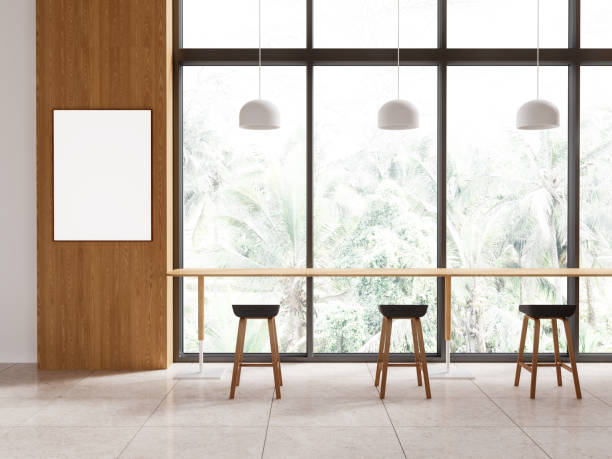 istock Cafe interior with stool and long table near panoramic window, mockup frame 1611522424
