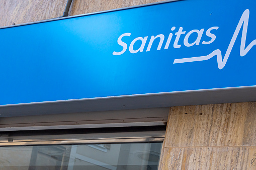 Manacor, Spain; july 21 2023: Poster of the medical insurance company Sanitas, in the Majorcan town of Manacor, Spain