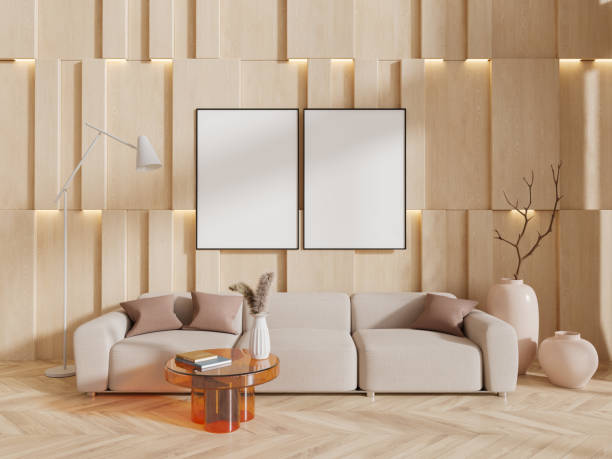 istock Modern living room interior couch with art decoration, mockup frame 1611531189