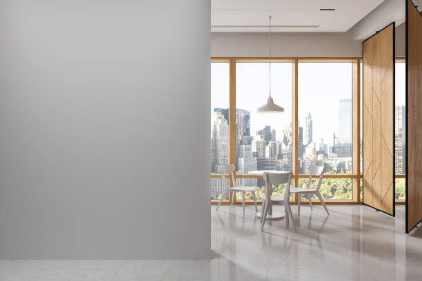istock Cafe interior with chairs and table, eating zone with window. Mockup wall 1611531686