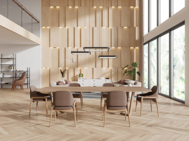 istock Modern living room interior with dining and chill zone, panoramic window 1611536067