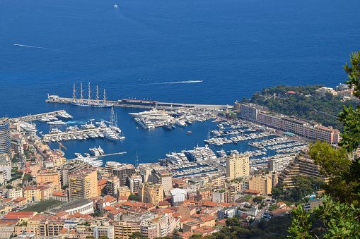 Monte Carlo, Monaco - July 12 2019: aerial panoramic view of Port Hercules, La Condamine and Monte Carlo, daytime