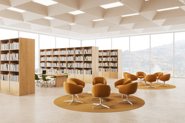 istock Public library reading room interior with lounge area 1611540069