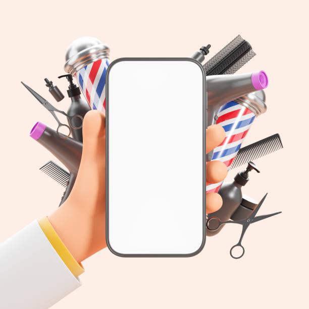 istock Cartoon man hand holding mock up phone, empty display with salon accessories 1611545834