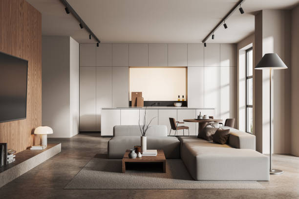 istock Stylish home apartment interior with relax and cooking area, panoramic window 1611551239