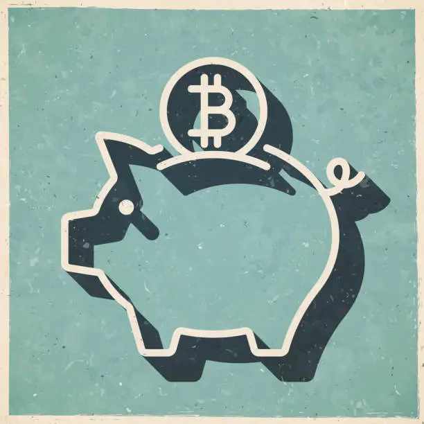 Vector illustration of Piggy bank with Bitcoin coin. Icon in retro vintage style - Old textured paper