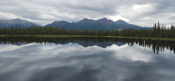 istock Panoramic view of green trees and mountains reflecting on a tranquil lake on a cloudy day 1611591859