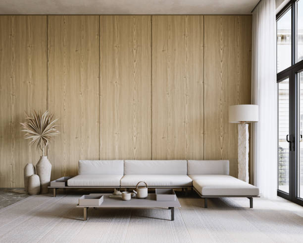 istock Contemporary interior with wood wall panels, sofa and decor. 3d render illustration mockup. 1611595074