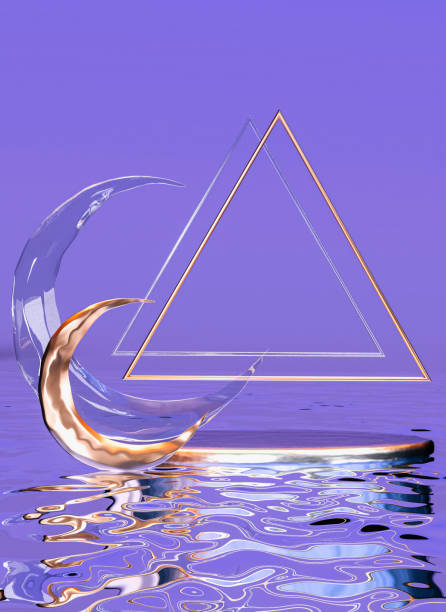 istock 3D purple background with empty round podium for displaying products. Abstract triangle, golden moon and water. 1611600882