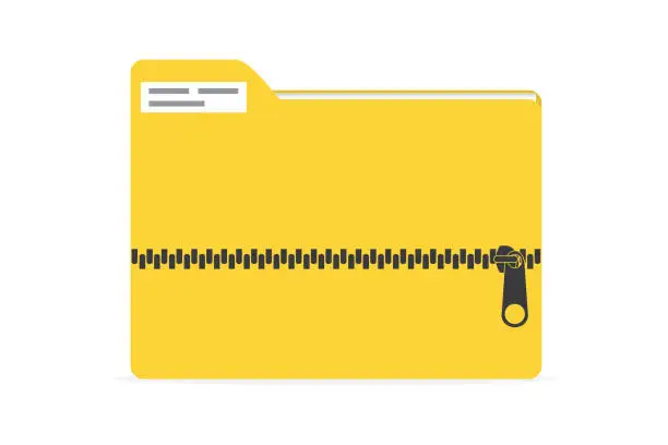 Vector illustration of Yellow folder with zipper. Zip archive. Data storage. Database pictogram isolated on white background. Icon of zip folder.