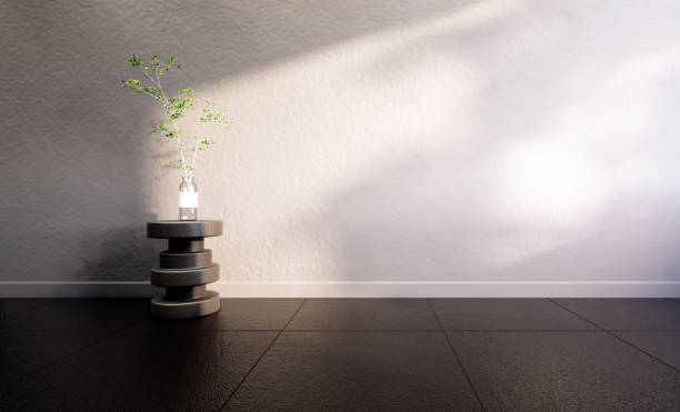 部屋の黒い床に空の影とテーブルの白い壁に植物の花瓶、3dレンダリング - blinds showroom decor home improvement ストックフォトと画像