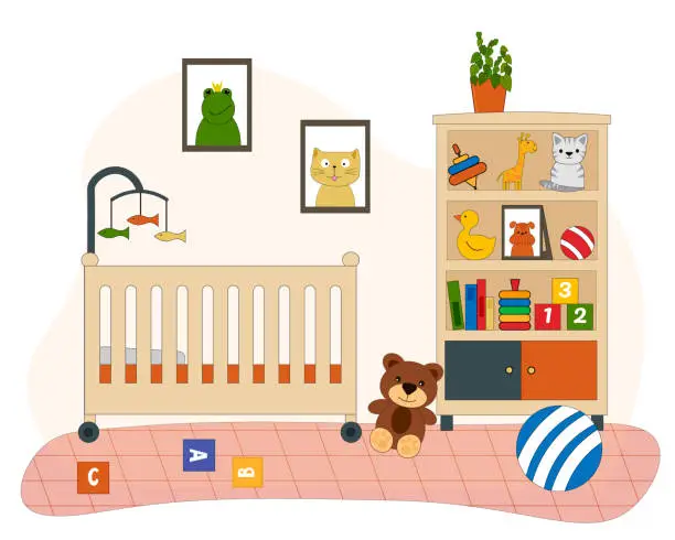 Vector illustration of Illustration of the interior of a room for a child. Bed for a newborn, toys and wardrobe.