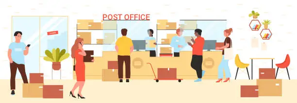 Vector illustration of Customers at post office reception, people using delivery service, waiting parcels