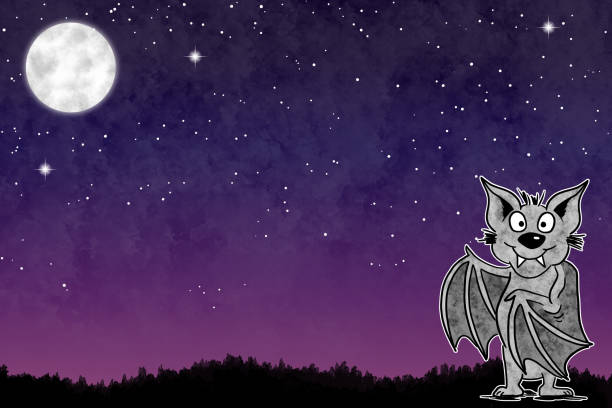 ilustraciones, imágenes clip art, dibujos animados e iconos de stock de ilustración de un murciélago de dibujos animados en el cielo nocturno con espacio de copia y estrellas - bat moon outdoors nature