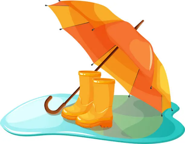 Vector illustration of Bright yellow-orange umbrella with yellow rubber boots on puddle. Rainy weather. Umbrella with boots