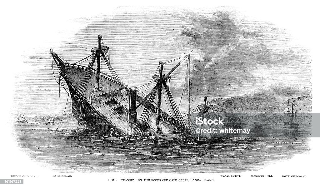 'HMS Transit' wrecked off Banca Island, Sumatra (1857 engraving ILN) Ship stock illustration