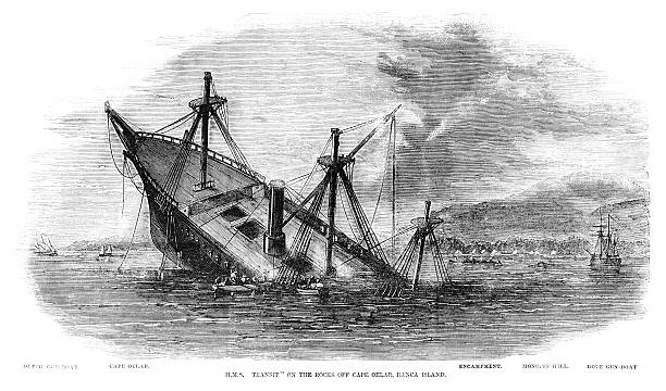 'HMS Transit' wrecked off Banca Island, Sumatra (1857 engraving ILN) 'HMS Transit' wrecked off Banca Island, Sumatra (1857 engraving ILN) sinking ship images stock illustrations