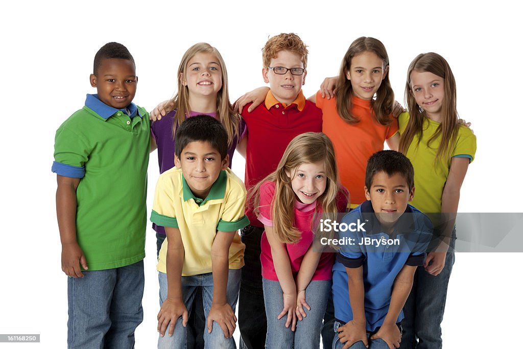 Diversity: Group of Multi-Racial Children Friends Teamwork Three Quarter Length A three quarter length image of a multi-racial group of eight children in colorful clothing standing together as a team. Child Stock Photo