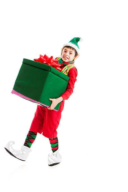 istock Santas Helper Elf Struggles with Big Heavy Christmas present. 161168477