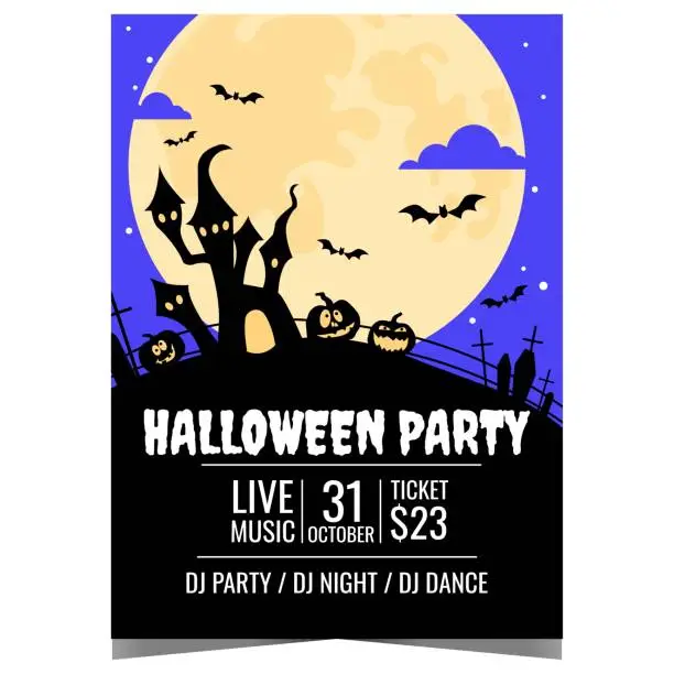 Vector illustration of Halloween party poster with big full moon illuminating the witch's castle, scary pumpkins, horrible graveyard and flying bats.