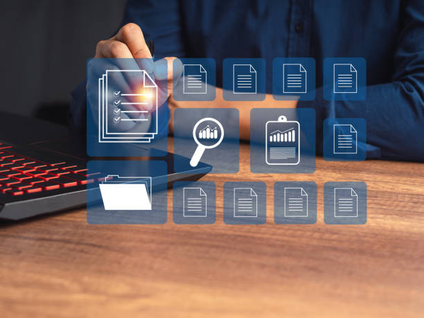 istock Businessman in a blue shirt working at digital documents with checkbox lists on virtual screen 1611705077
