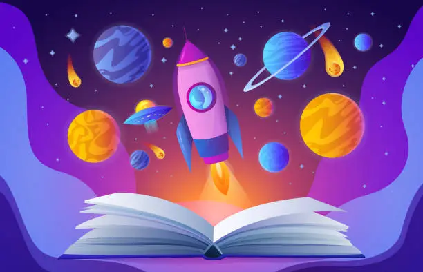 Vector illustration of Open magic interesting book with fantasy outer space, education and reading concept