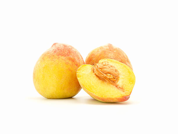 istock Group of fresh peaches fruit over a white background 1611709448