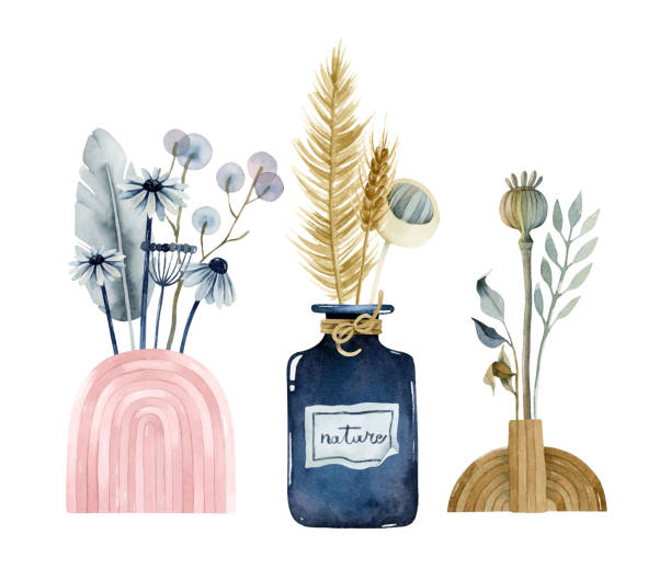 Boho bouquets in jar, ceramic vase and wooden vase with botanical elements Watercolor clipart set with bouquets in vases of different shapes pink feather watercolor stock illustrations