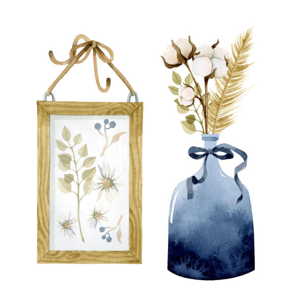 乾燥したカモミールの花と綿の花の木枠と青いガラスの花瓶水彩植物エレメント - chamomile plant glass nature flower点のイラスト素材／クリップアート素材／マンガ素材／アイコン素材